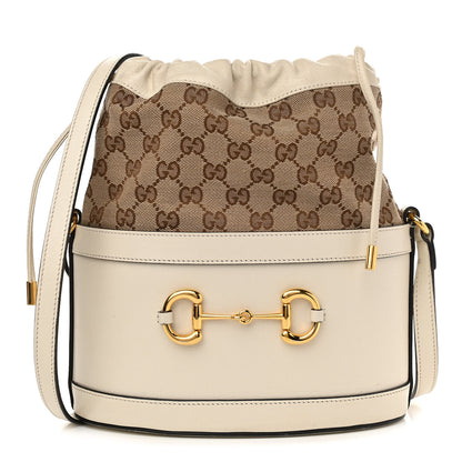 Gucci Monogram Textured Calfskin Horsebit 1955 Drawstring Bucket Bag Beige Mystic White 1 of 11