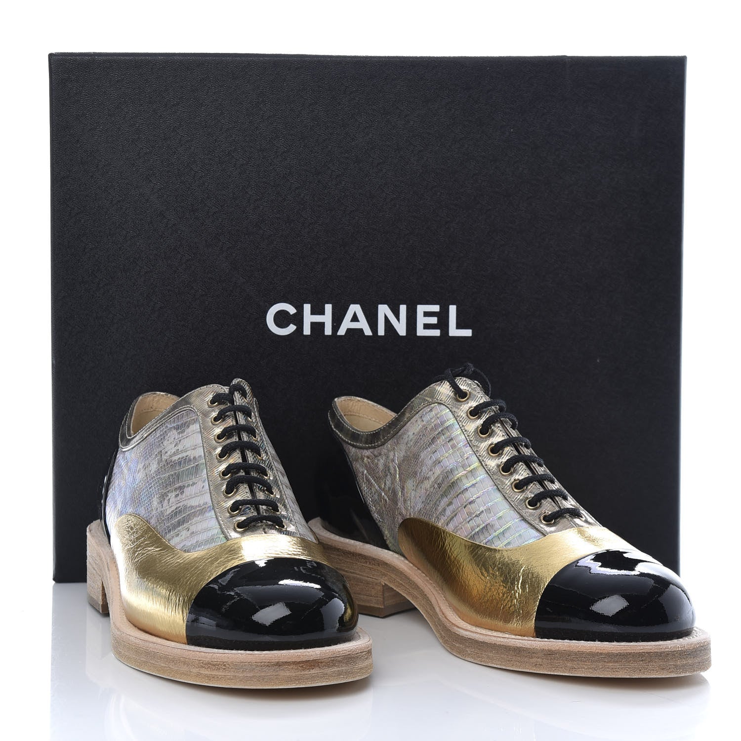 Chanel Metallic Goatskin Patent Calfskin Lizard Lace Up Loafers 37 Light Gold Black Multcolor 9 of 9