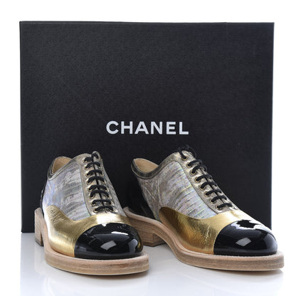 Chanel Metallic Goatskin Patent Calfskin Lizard Lace Up Loafers 37 Light Gold Black Multcolor 9 of 9