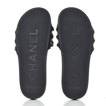 Chanel Satin Canvas Chain Slides Sandals Flats 38 Marine 5 of 13