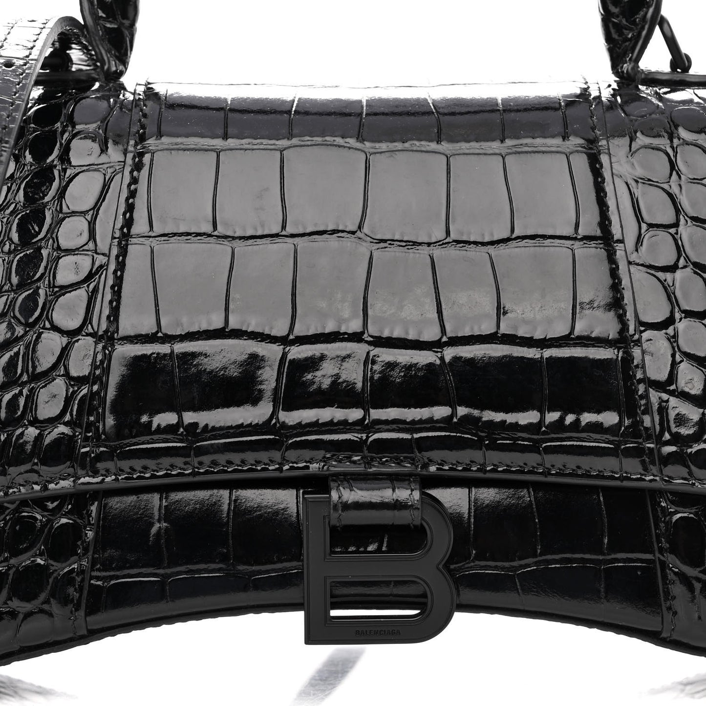 Shiny Calfskin Monochrome Crocodile Embossed Small Hourglass Top Handle Bag Black