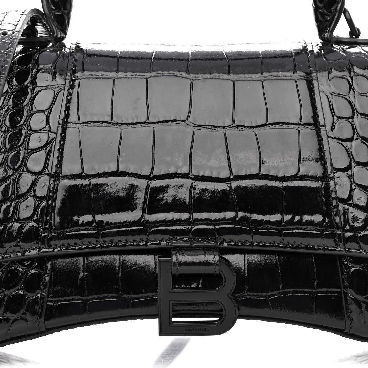 Balenciaga Shiny Calfskin Monochrome Crocodile Embossed Small Hourglass Top Handle Bag Black 7 of 10