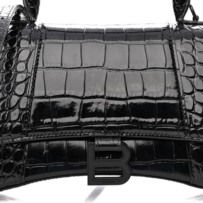 Balenciaga Shiny Calfskin Monochrome Crocodile Embossed Small Hourglass Top Handle Bag Black 7 of 10