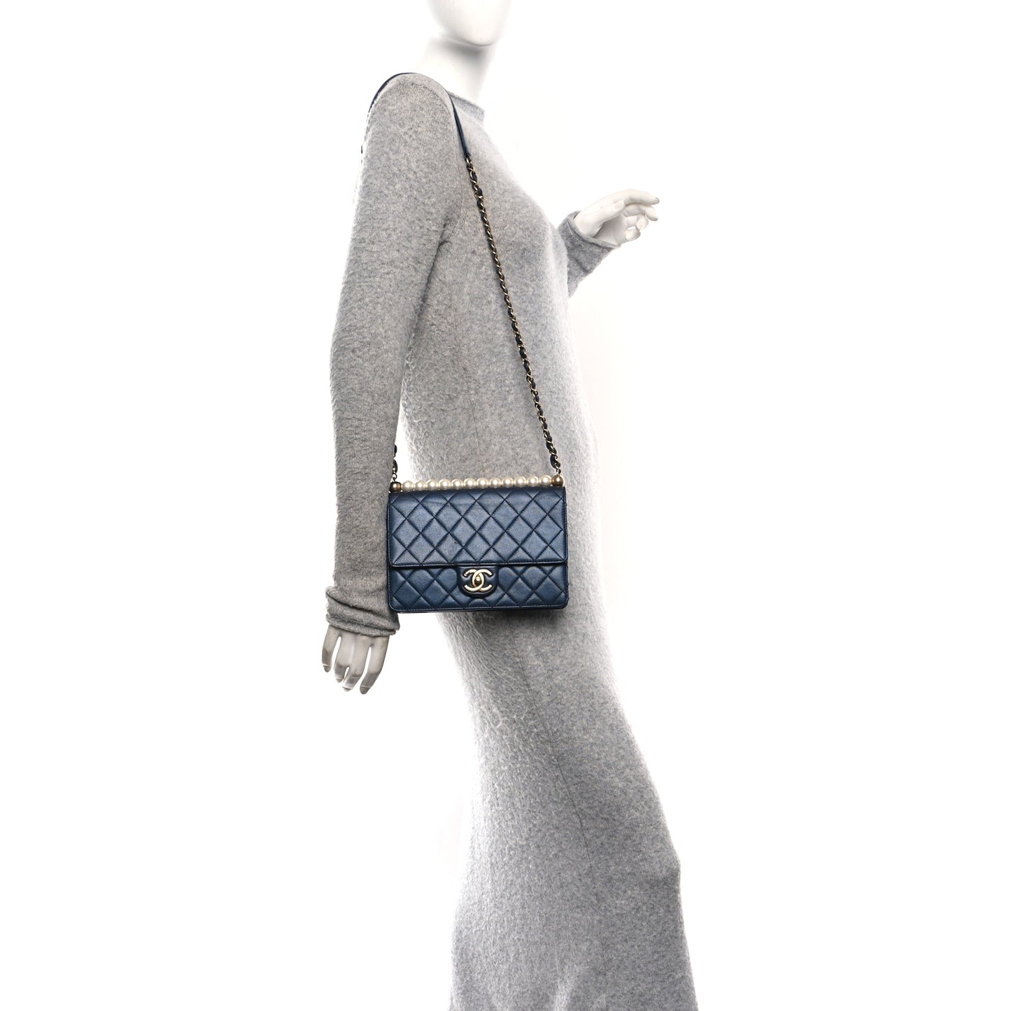 Iridescent Lambskin Quilted Small Chic Pearls Flap Blue