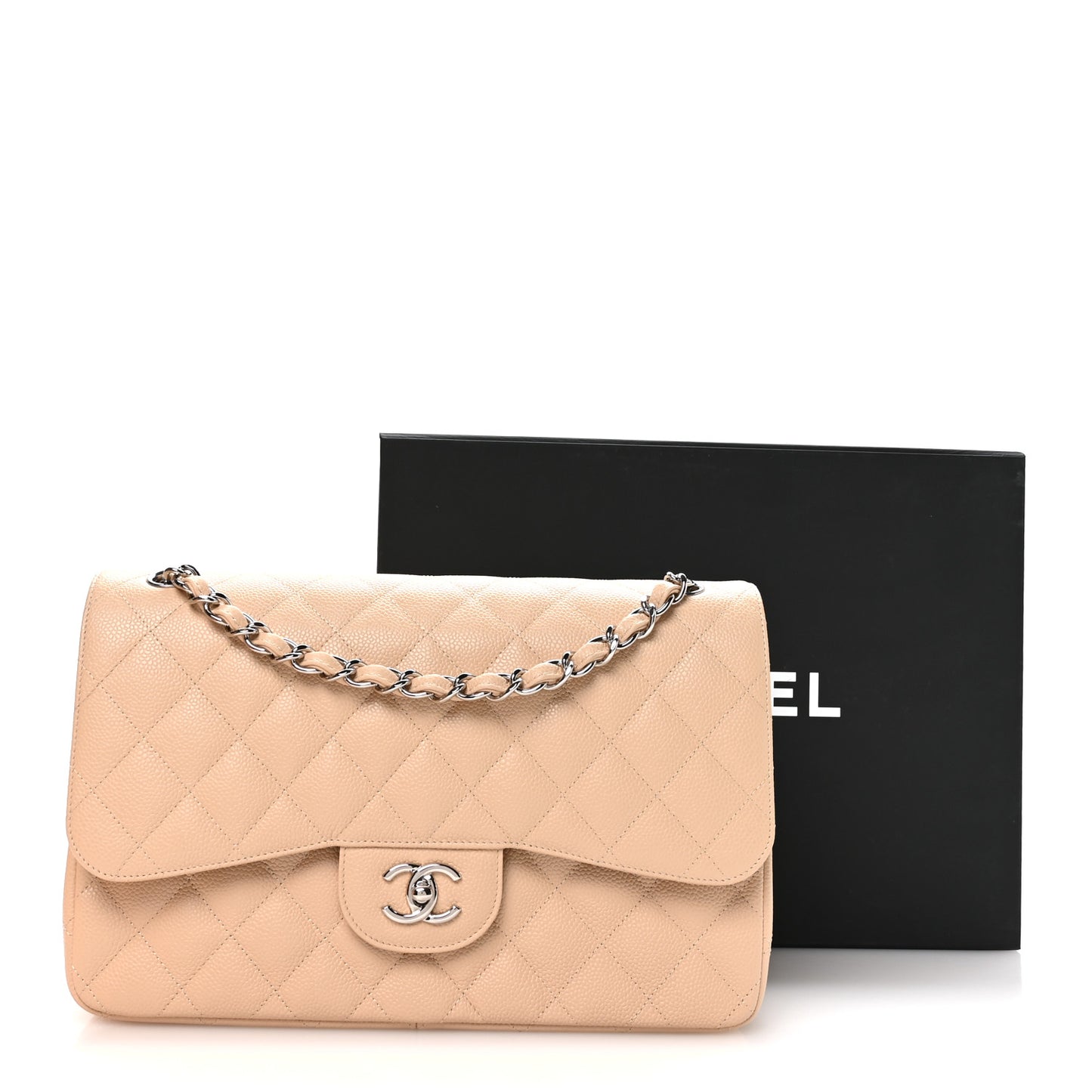 Caviar Quilted Jumbo Double Flap Light Beige