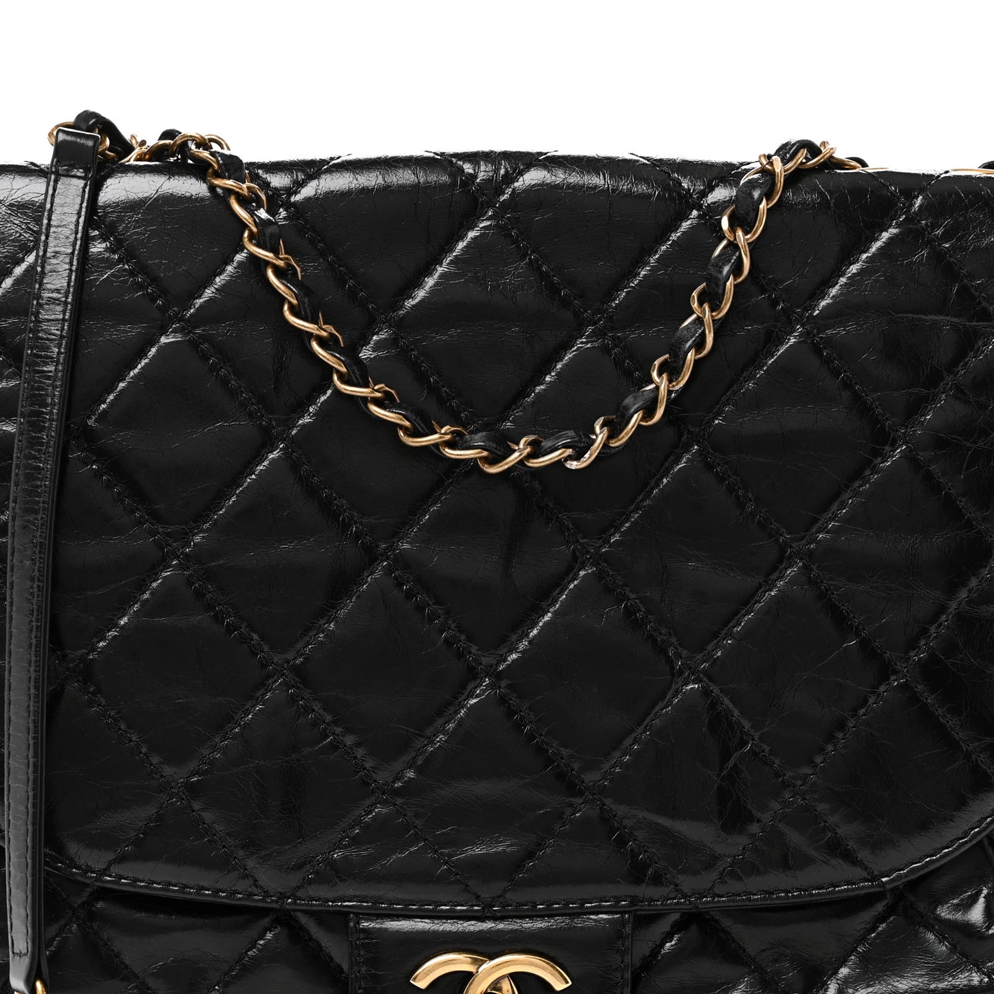 Glazed Calfskin Quilted Medium Bubble CC Flap Black