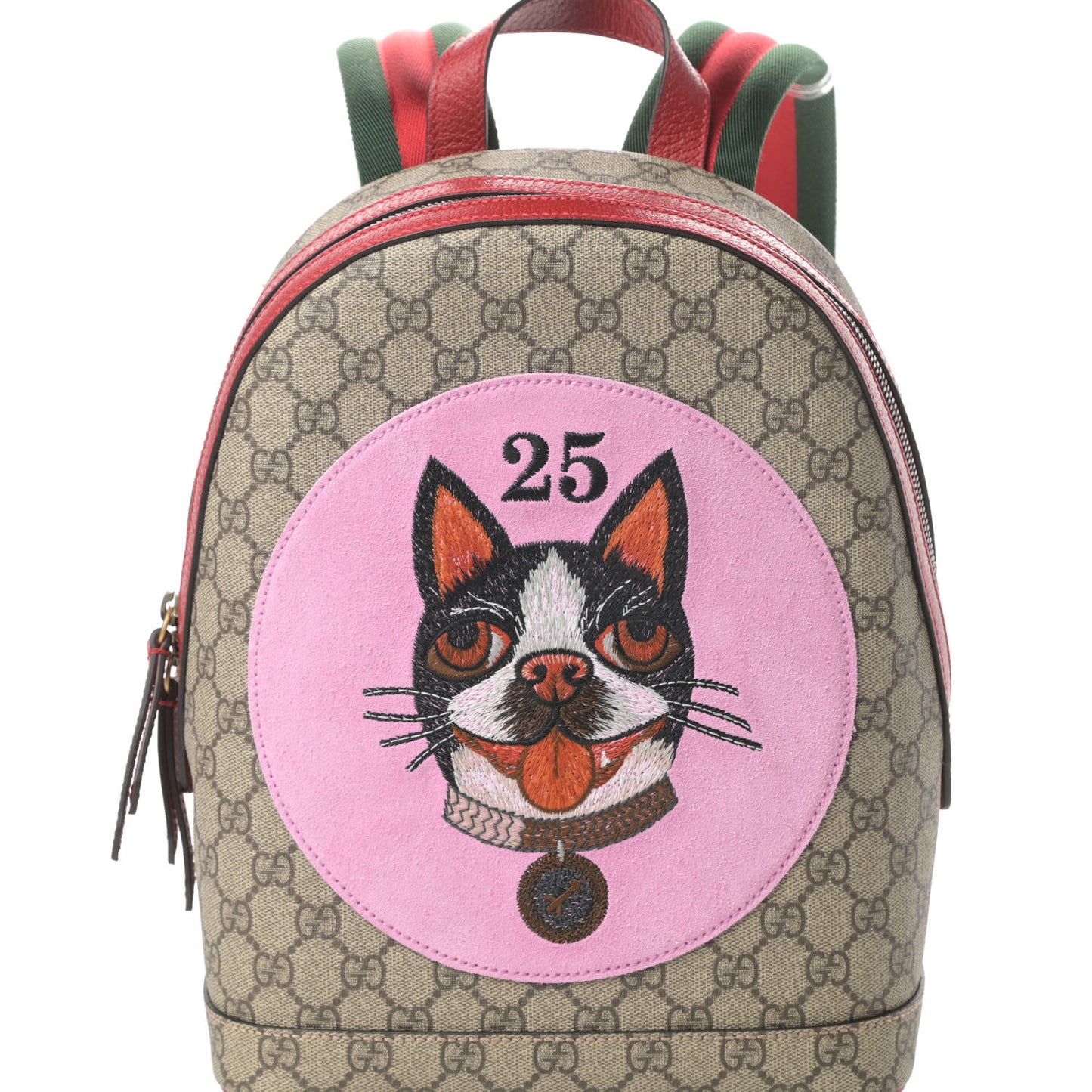 GG Supreme Monogram Web Bosco Patch Dome Backpack Beige Malva Hibiscus Red