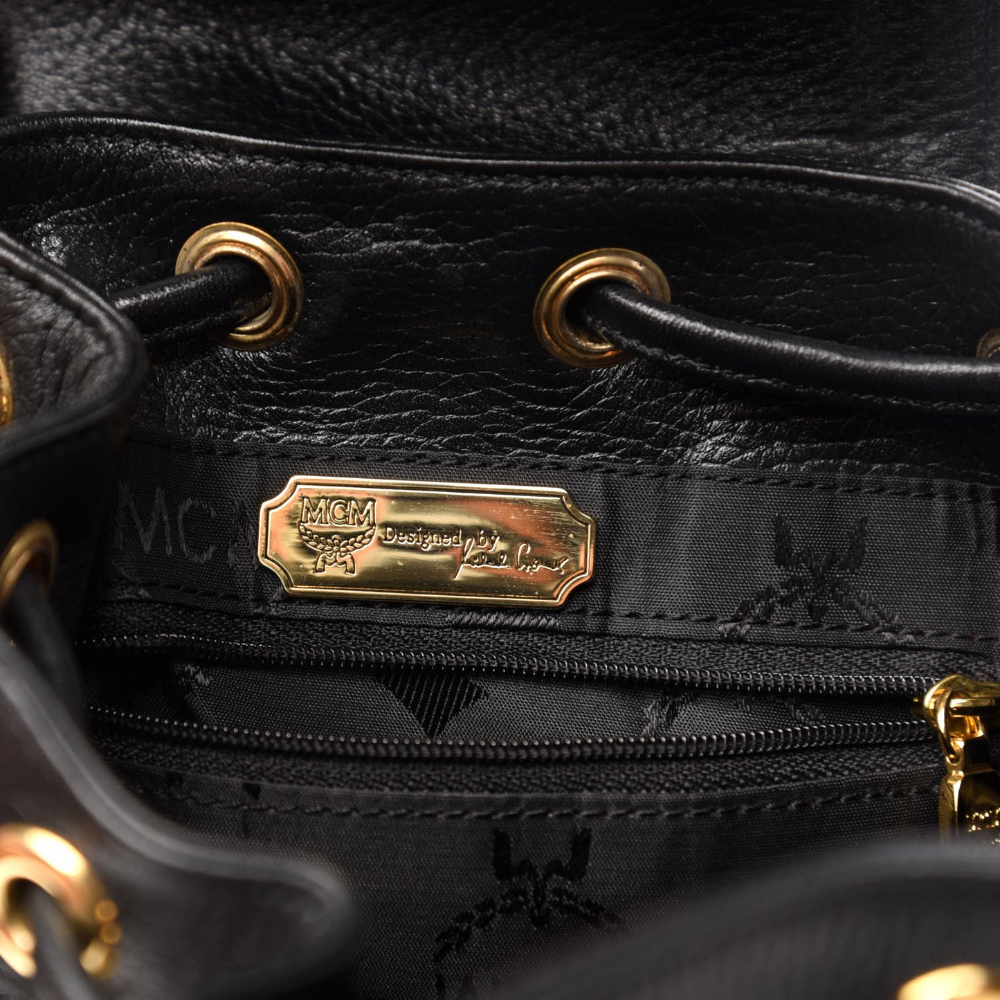 Grained Calfskin Studded Drawstring Backpack Black