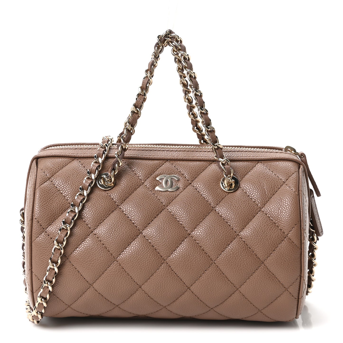 Caviar Quilted Barrel Clutch With Chain Brown