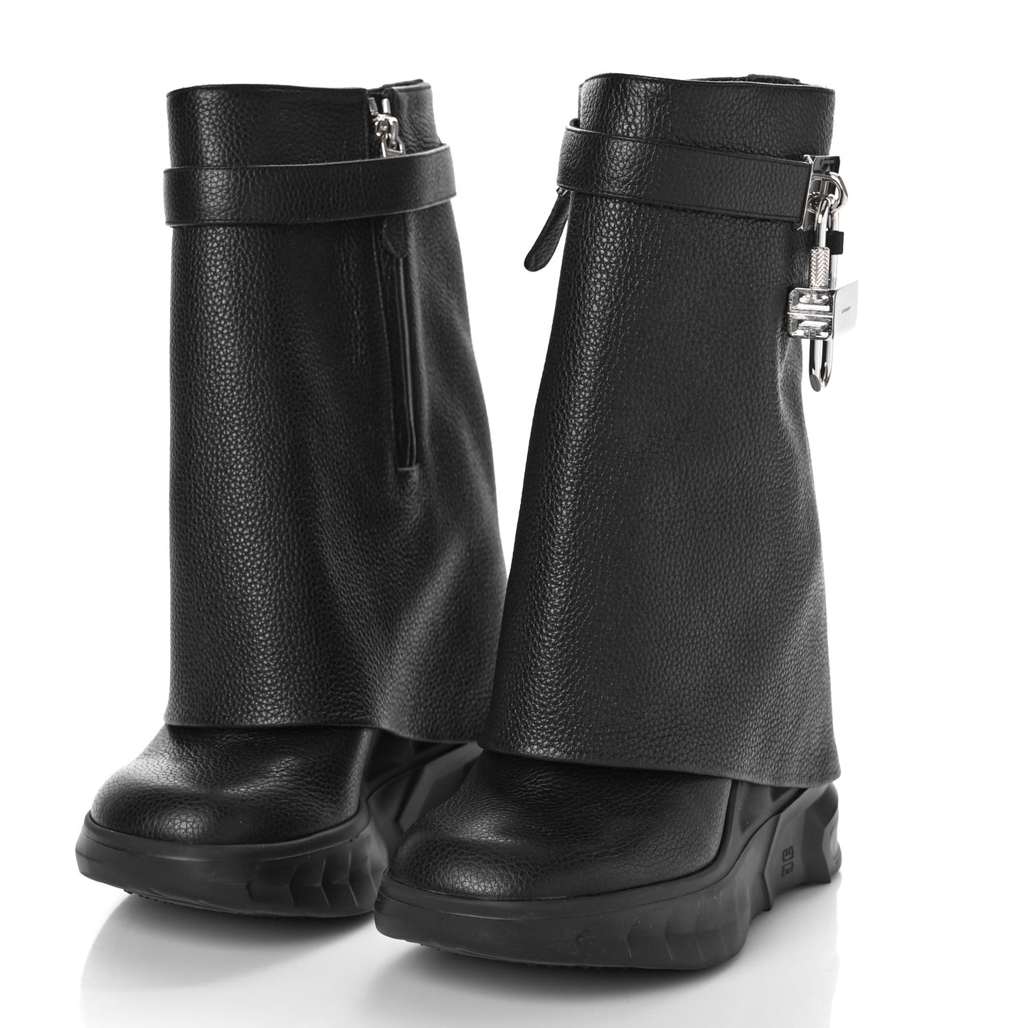 Grained Calfskin Shark Lock Biker Ankle Boots 36 Black