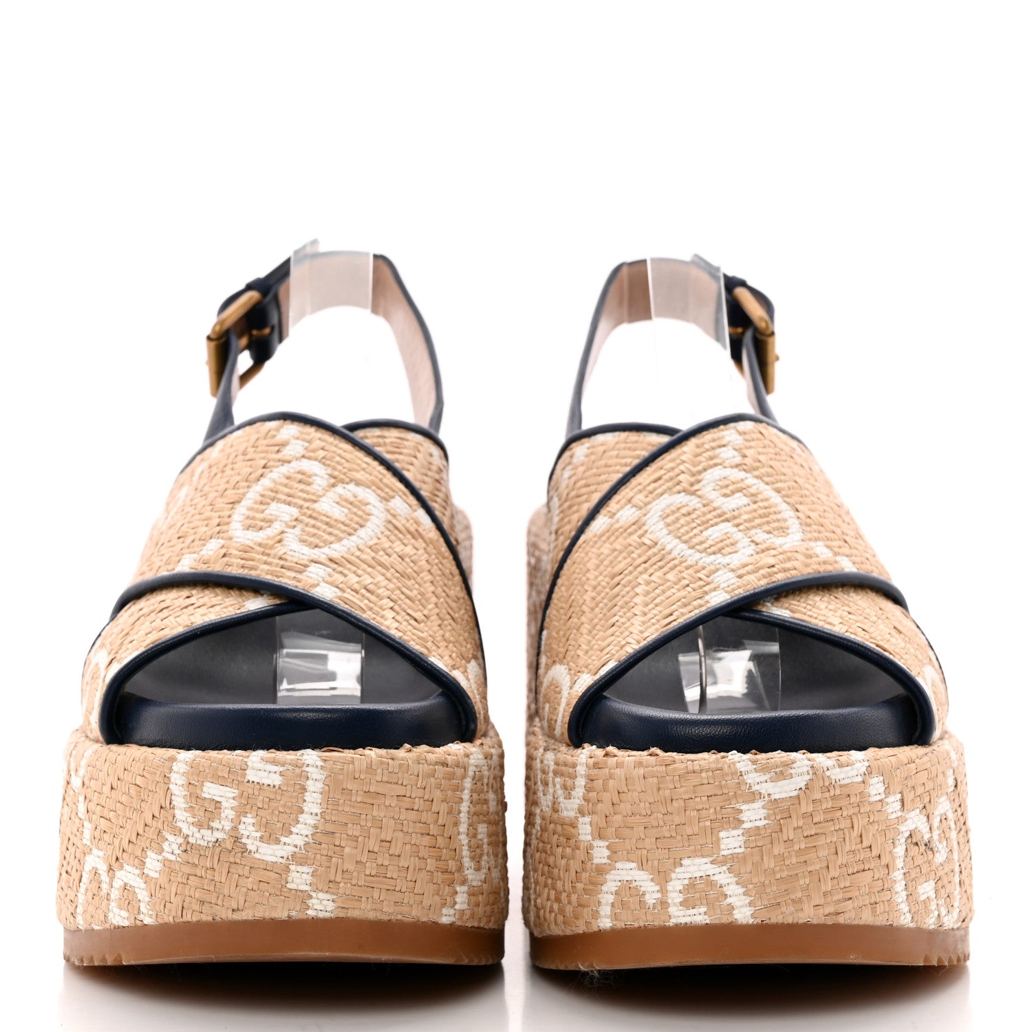 Gucci Raffia Nappa GG Monogram Angelina Platform Slingback Sandals 38.5 Natural Great White Blue Agata 2 of 13