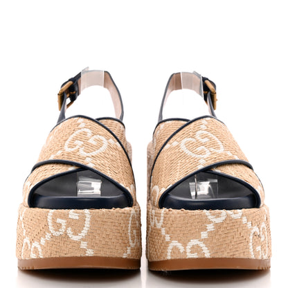 Gucci Raffia Nappa GG Monogram Angelina Platform Slingback Sandals 38.5 Natural Great White Blue Agata 2 of 13