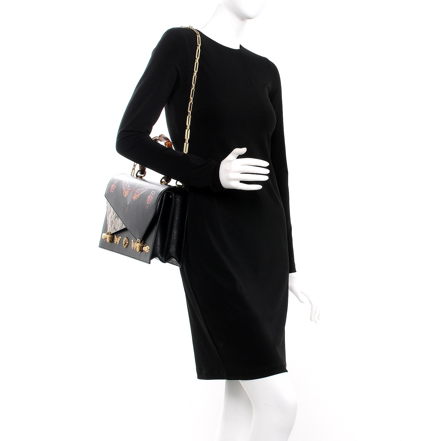 Gucci Calfskin Snakeskin Studded Medium Ottilia Top Handle Bag Black 2 of 8