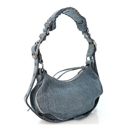 Balenciaga Washed Frayed Denim Crystal Le Cagole Shoulder Bag XS Blue 4 of 11