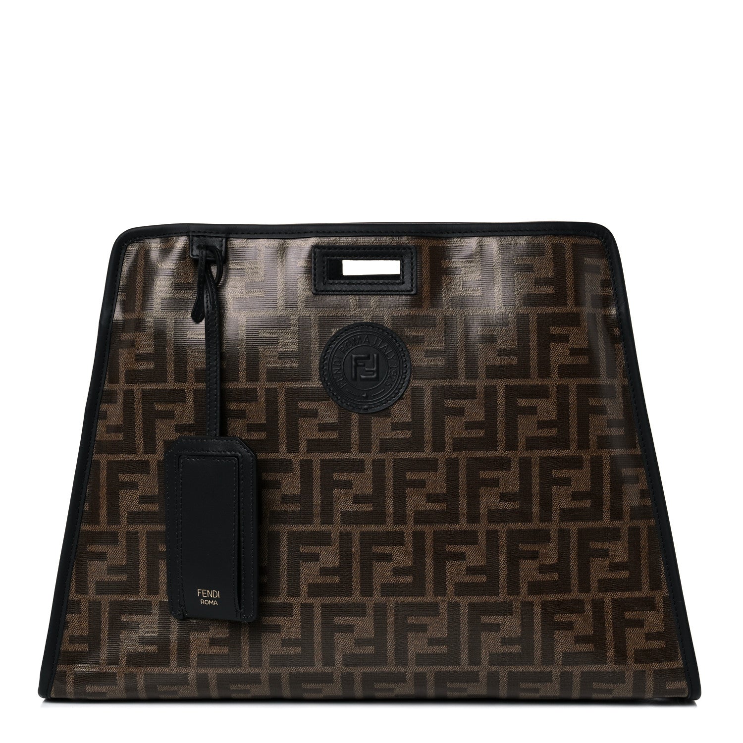 Fendi Glazed Fabric Vitello Century FF 1974 Stamp Patch Medium Peekaboo Defender Cover Mogano Panna Black 1 of 12