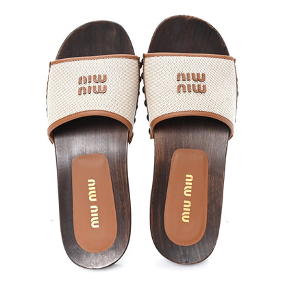 Miu Miu Canvas Calfskin Logo Slide Clogs 39 Naturale Brandy 2 of 9