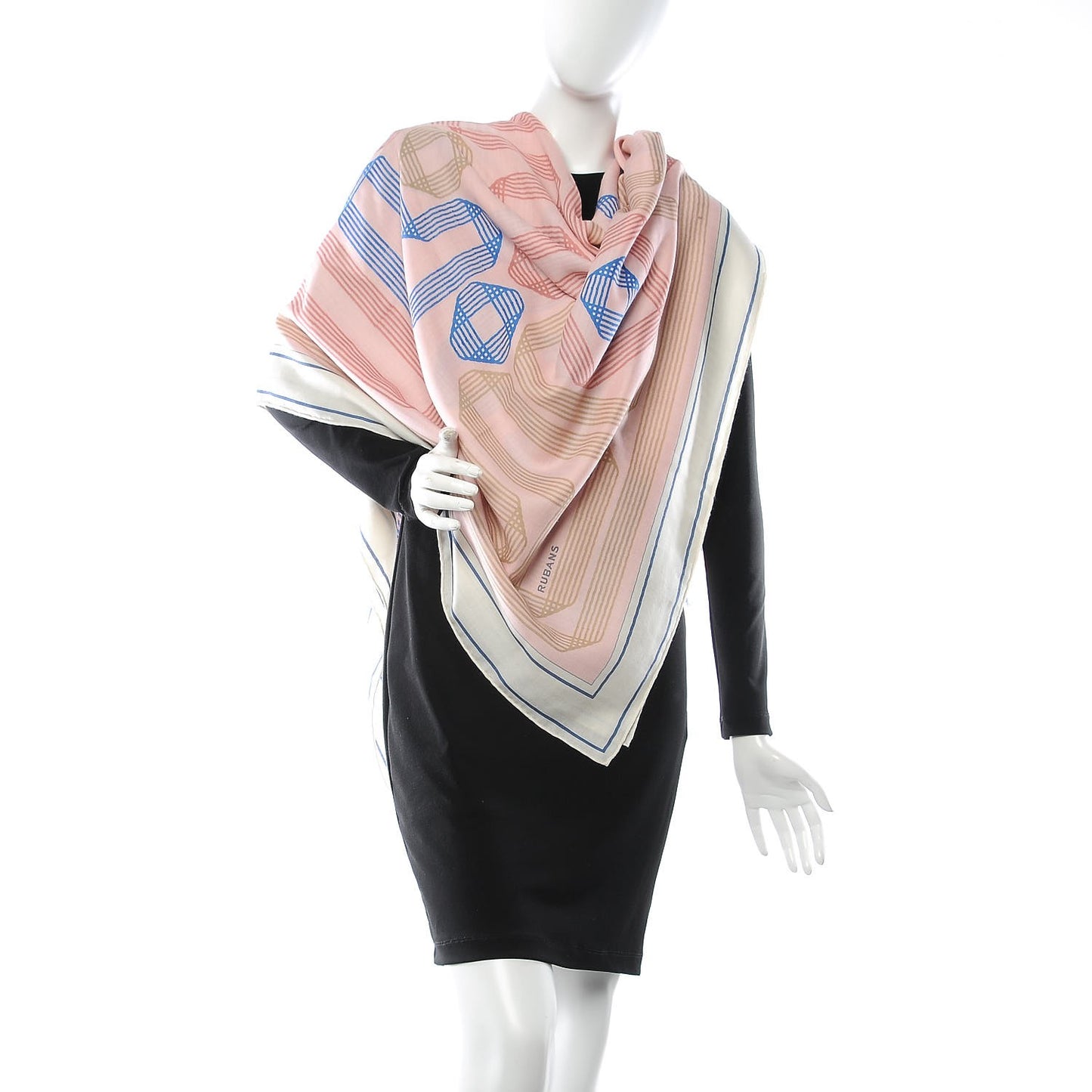 Cashmere Silk Rubans D'Hermes Shawl 140 Blanc Rose Pale Bleu