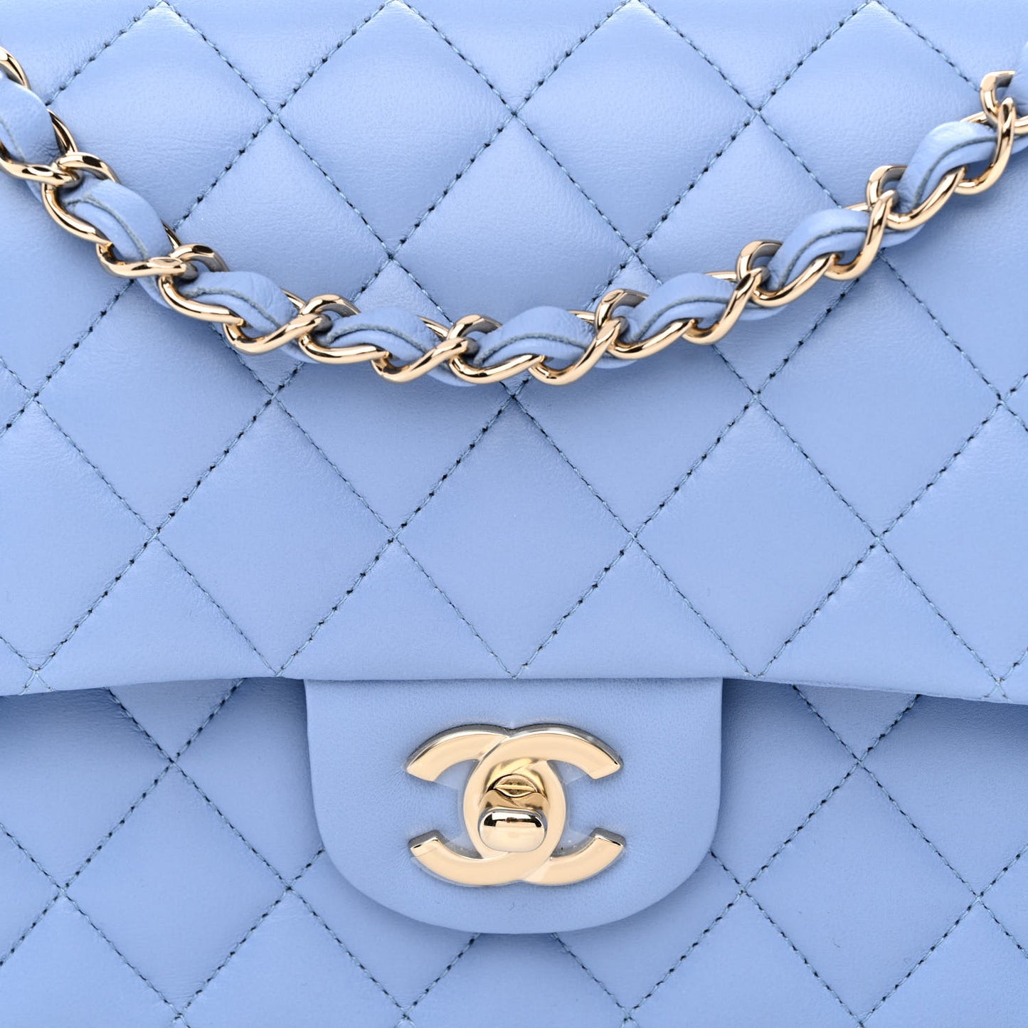 Lambskin Quilted Medium Double Flap Light Blue