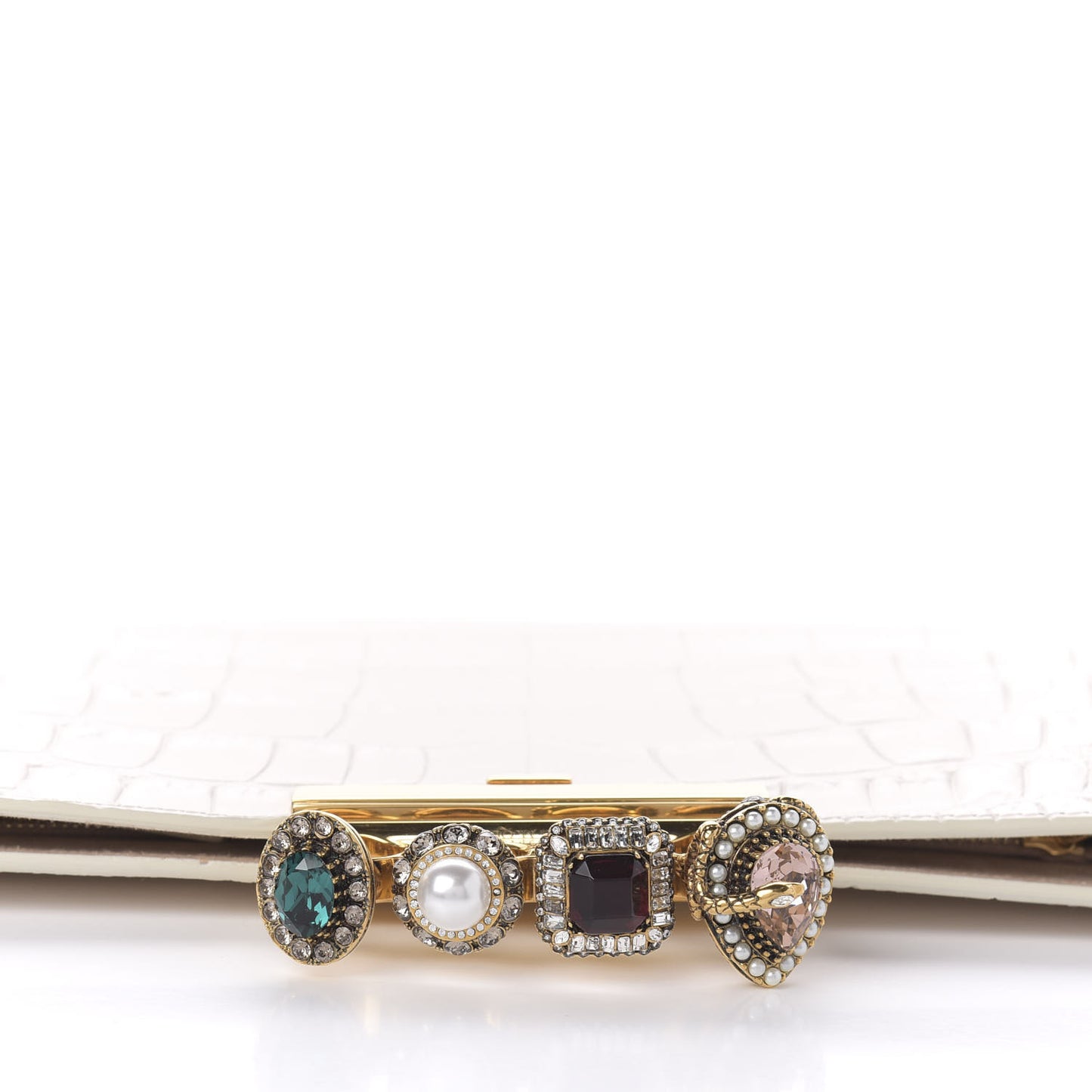 Calfskin Crocodile Embossed Knuckle Flat Clutch Off White Gold