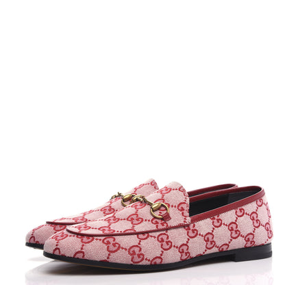 Gucci Canvas GG Monogram Horsebit Womens Jordaan Loafers 38 Gardenia Hibiscus Red 3 of 12