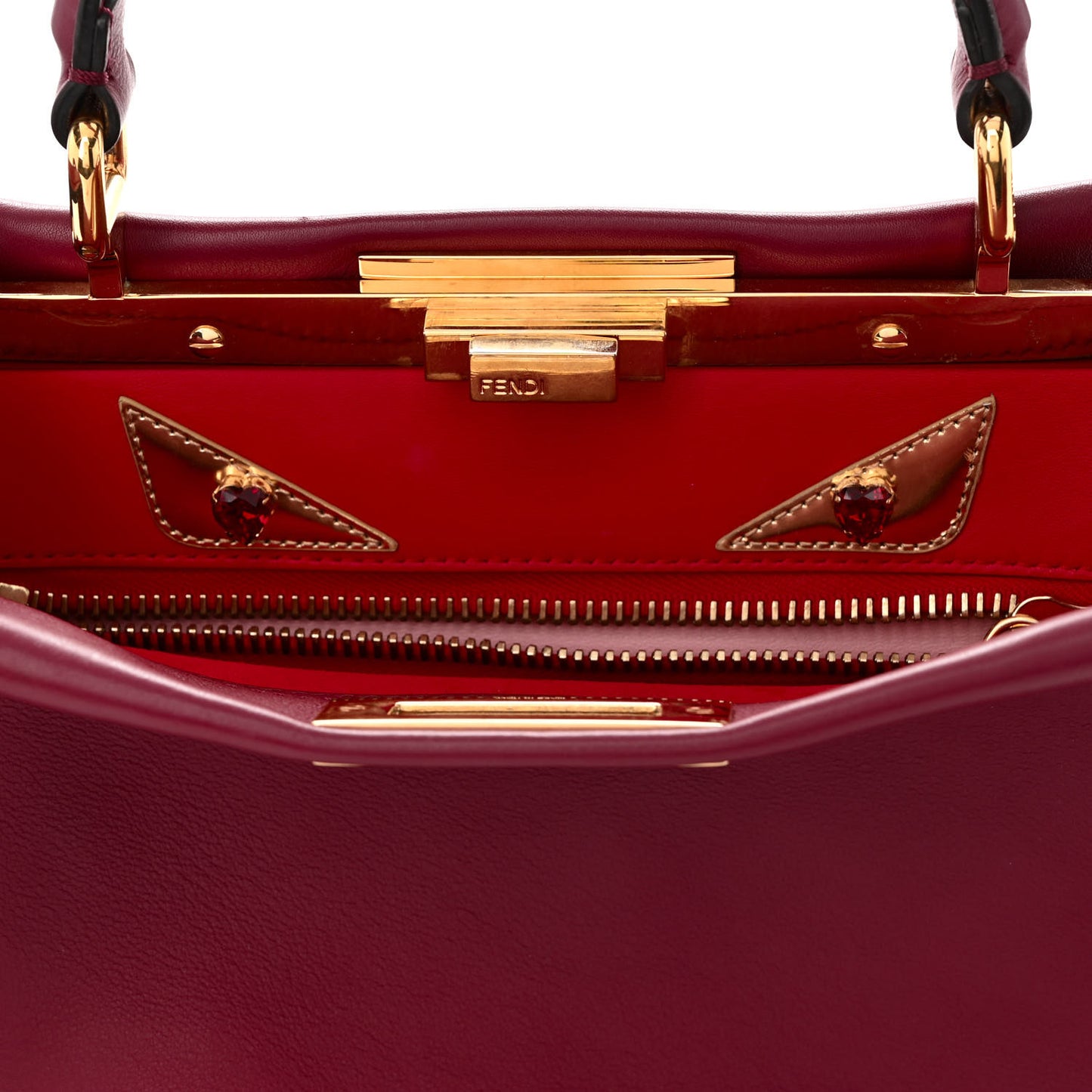 Vitello Seta Shiny Nappa Vitello Mirror Crystal Monster Eyes Medium Peekaboo Iconic Satchel Amarena Fiamma