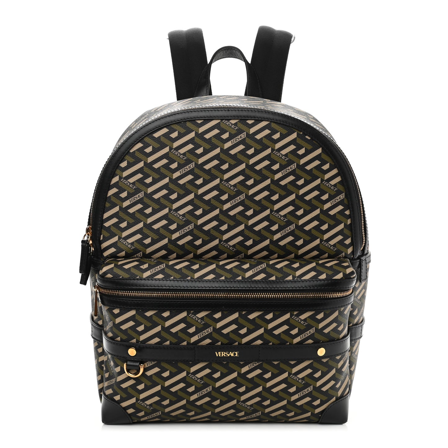 Coated Canvas Calfskin La Greca Signature Backpack Black Khaki
