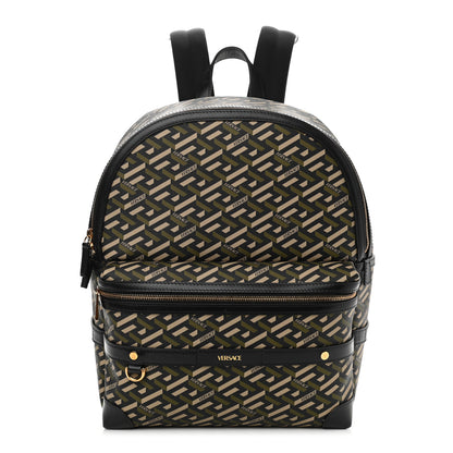 Versace Coated Canvas Calfskin La Greca Signature Backpack Black Khaki 1 of 10
