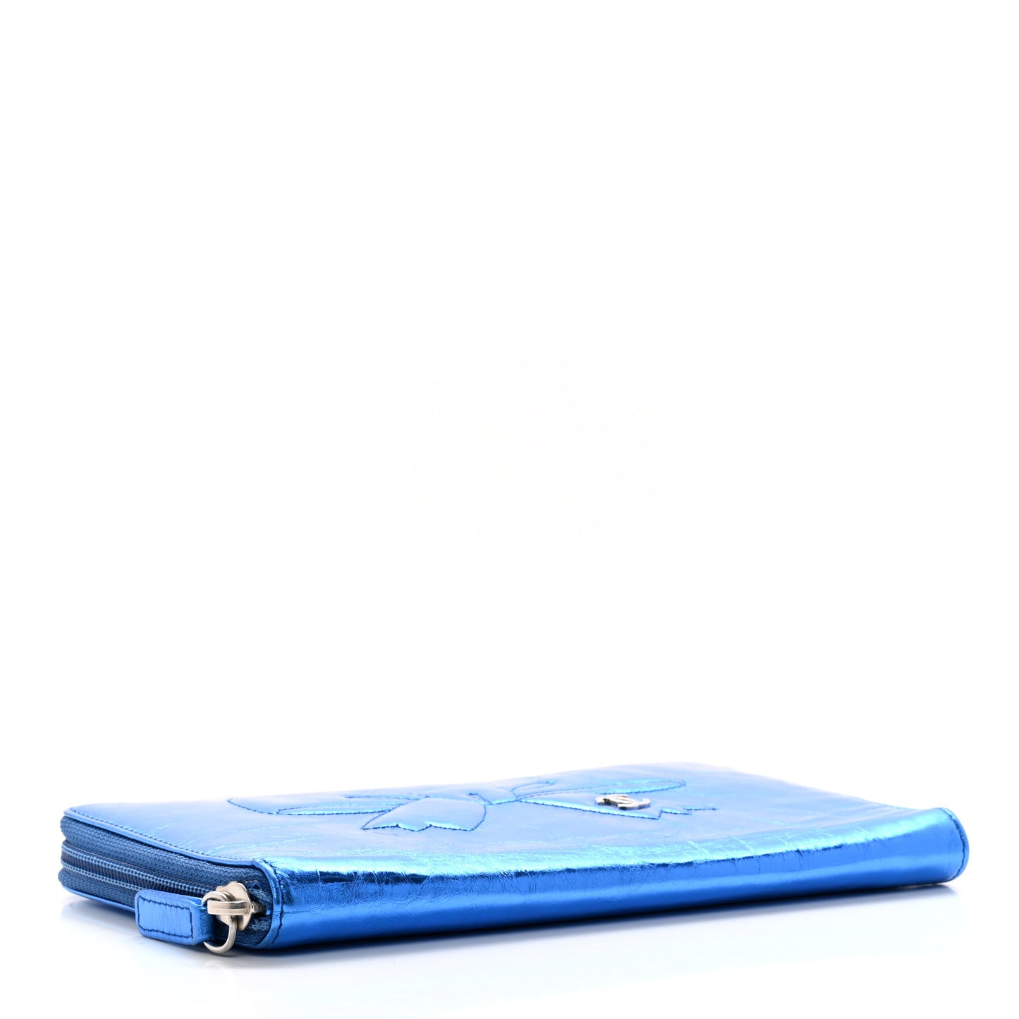 Metallic Aged Calfskin CC Bow Wallet Blue