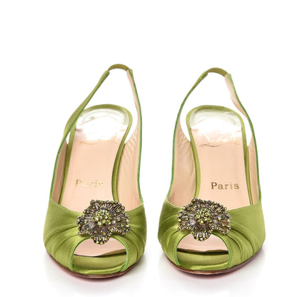 Christian Louboutin Satin Fiorellino Peep Toe Slingback 37.5 Green 2 of 16