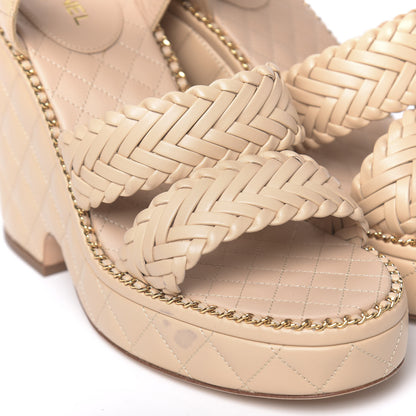 Chanel Calfskin Quilted Chain Around Wedge Sandals 40 Light Beige 8 of 9