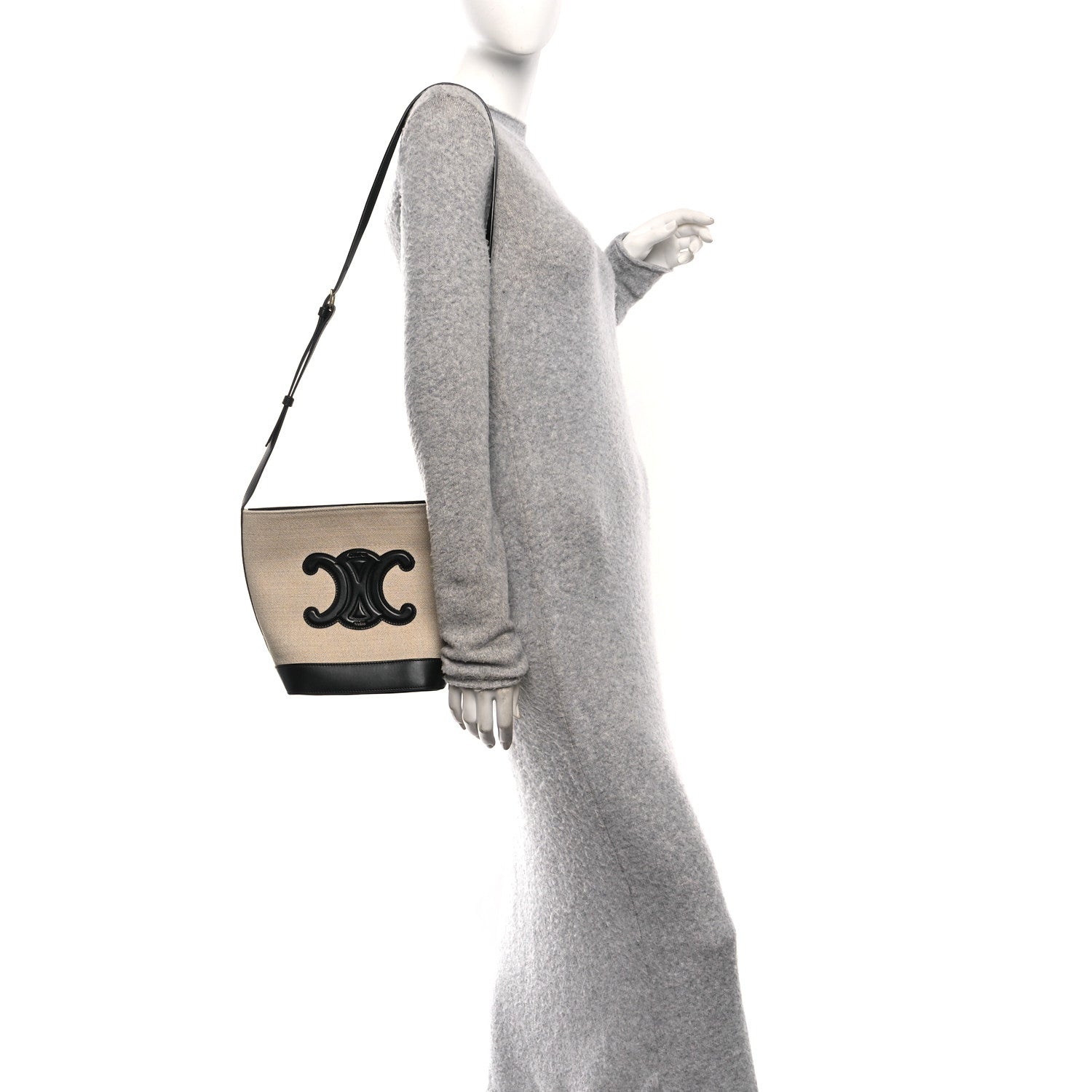Celine Canvas Calfskin Triomphe Small Bucket Bag Vanilla Black 2 of 8