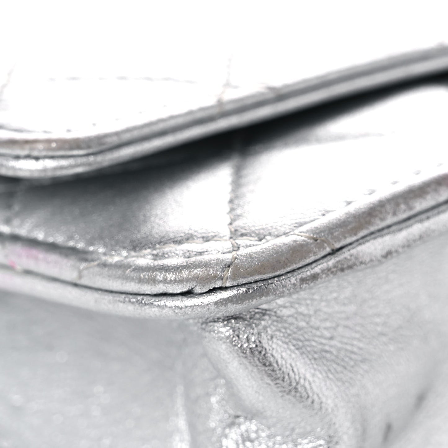 Metallic Lambskin Quilted Wallet On Chain WOC Silver