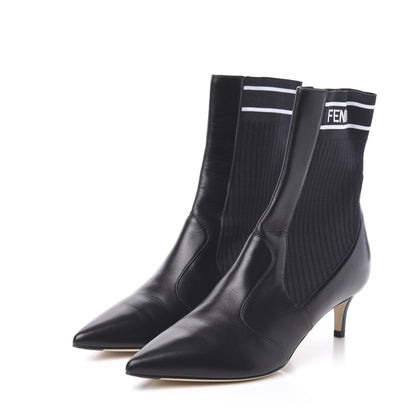 Fendi Vitellino Stretch Fabric Logo Rockoko Low Heel Sock Boots 36.5 Black White 3 of 6