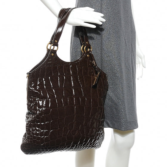 Saint Laurent Patent Crocodile Embossed Tribute Tote Brown 2 of 8