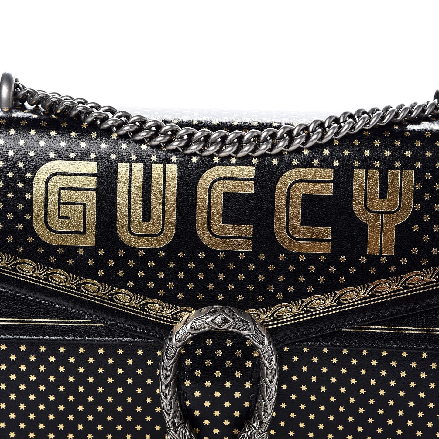 X SEGA Calfskin GUCCY Stars Medium Dionysus Shoulder Bag Black Gold