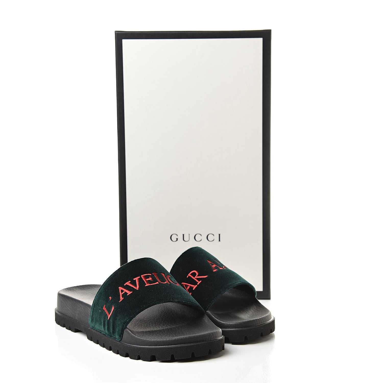 Gucci Velvet Aveugle Par Amour Mens Lug Sole Slide Sandals 7 Green 8 of 8