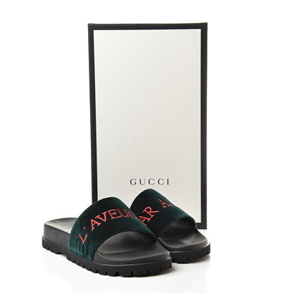 Gucci Velvet Aveugle Par Amour Mens Lug Sole Slide Sandals 7 Green 8 of 8