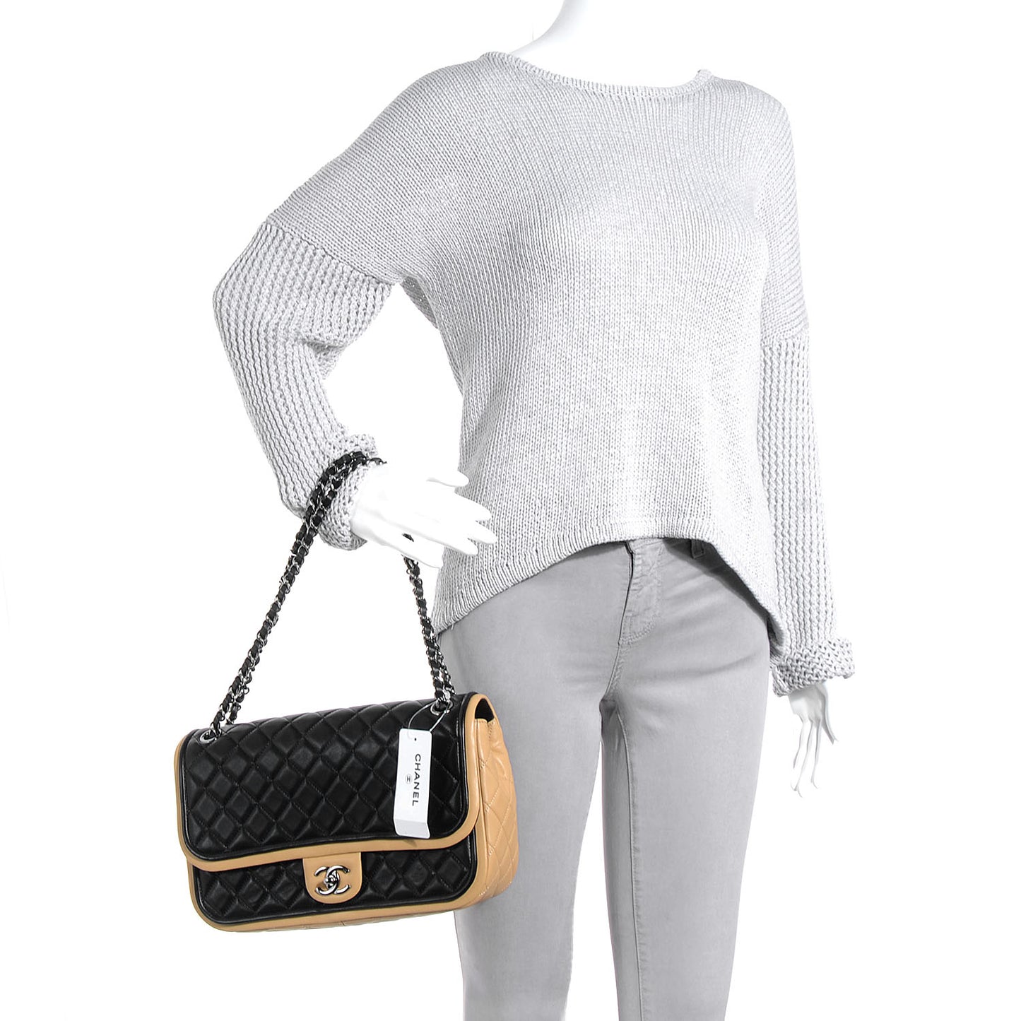 Lambskin Quilted Jumbo Classic Twist Flap Bag Black Beige