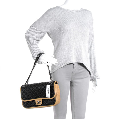 Chanel Lambskin Quilted Jumbo Classic Twist Flap Bag Black Beige 2 of 8