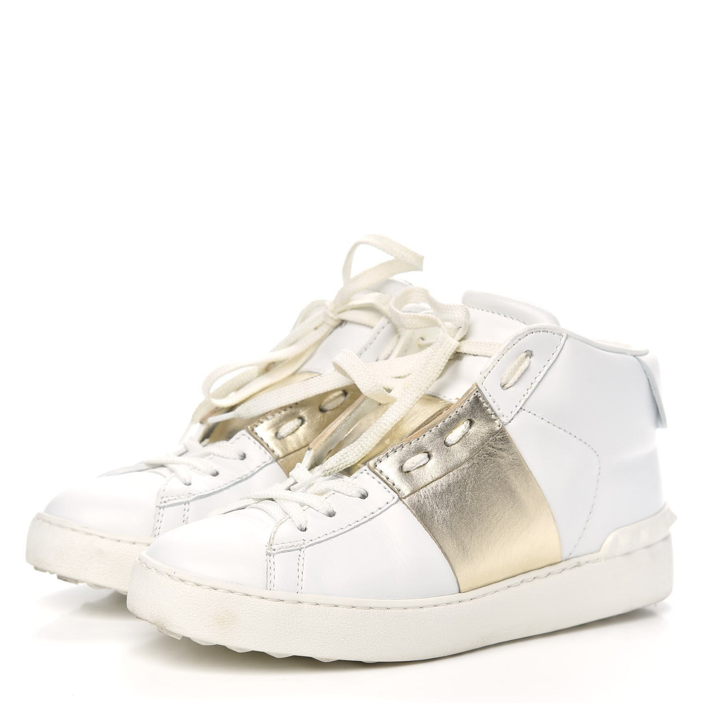 Calfskin Womens Rockstud Open High Top Sneakers 37.5 White Platino
