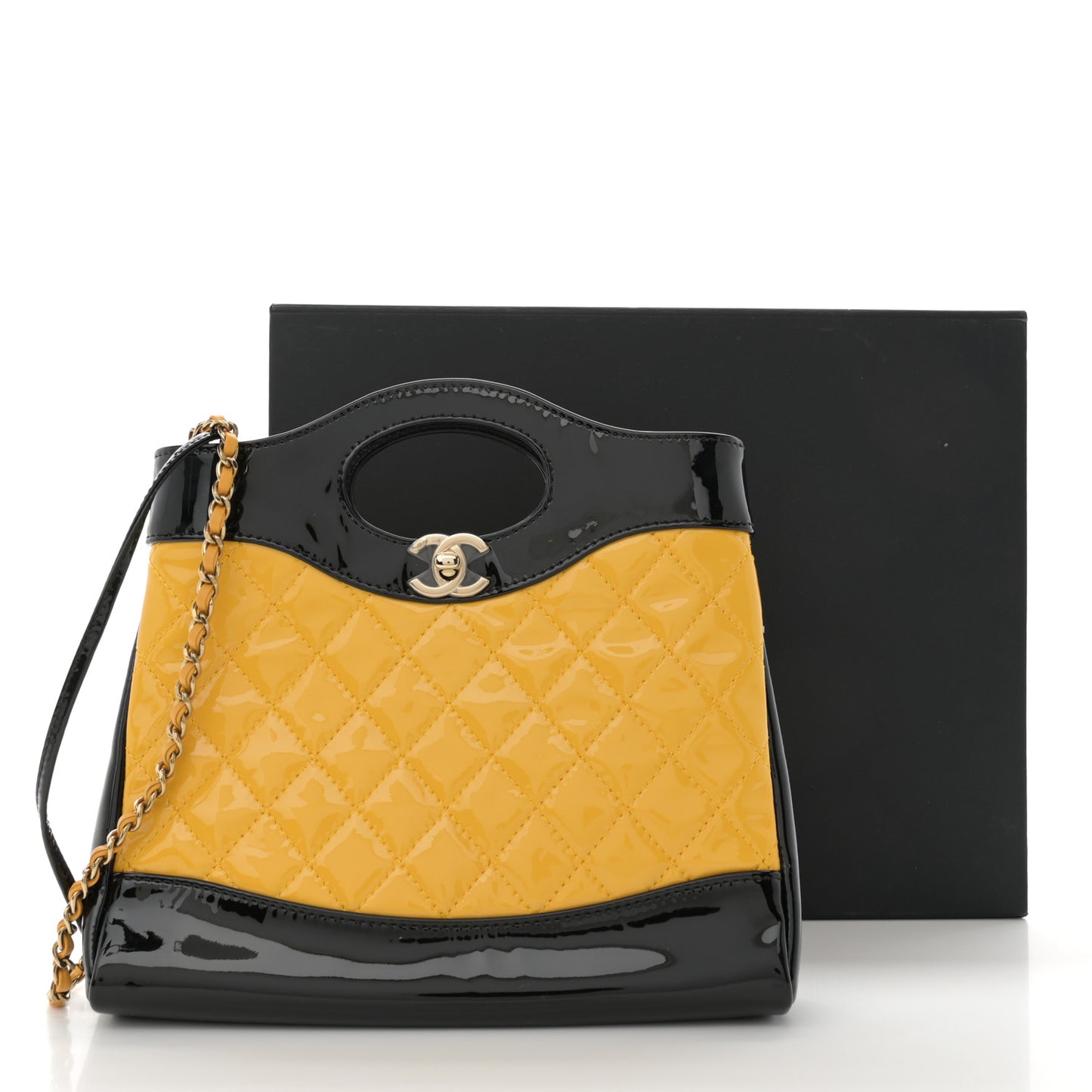 Patent Calfskin Quilted Mini 31 Shopping Bag Yellow Black