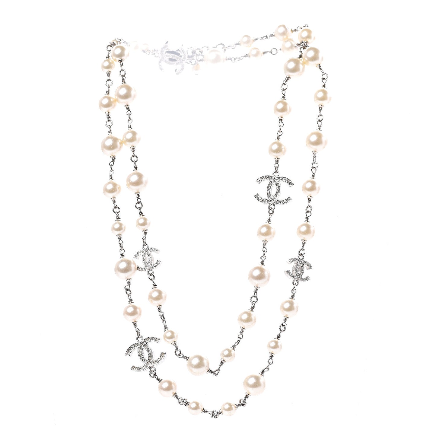 Crystal Pearl CC Long Necklace Silver