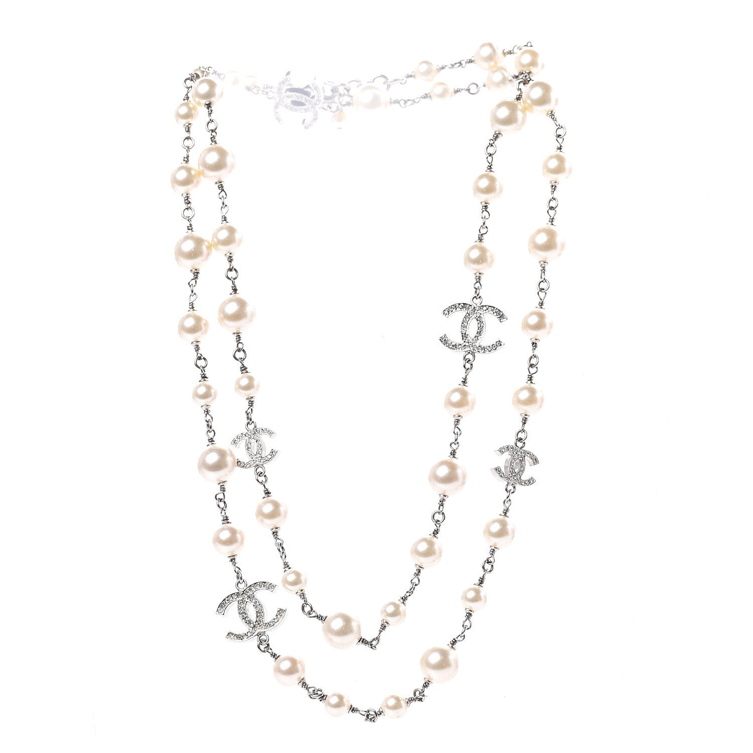 Chanel Crystal Pearl CC Long Necklace Silver 3 of 7