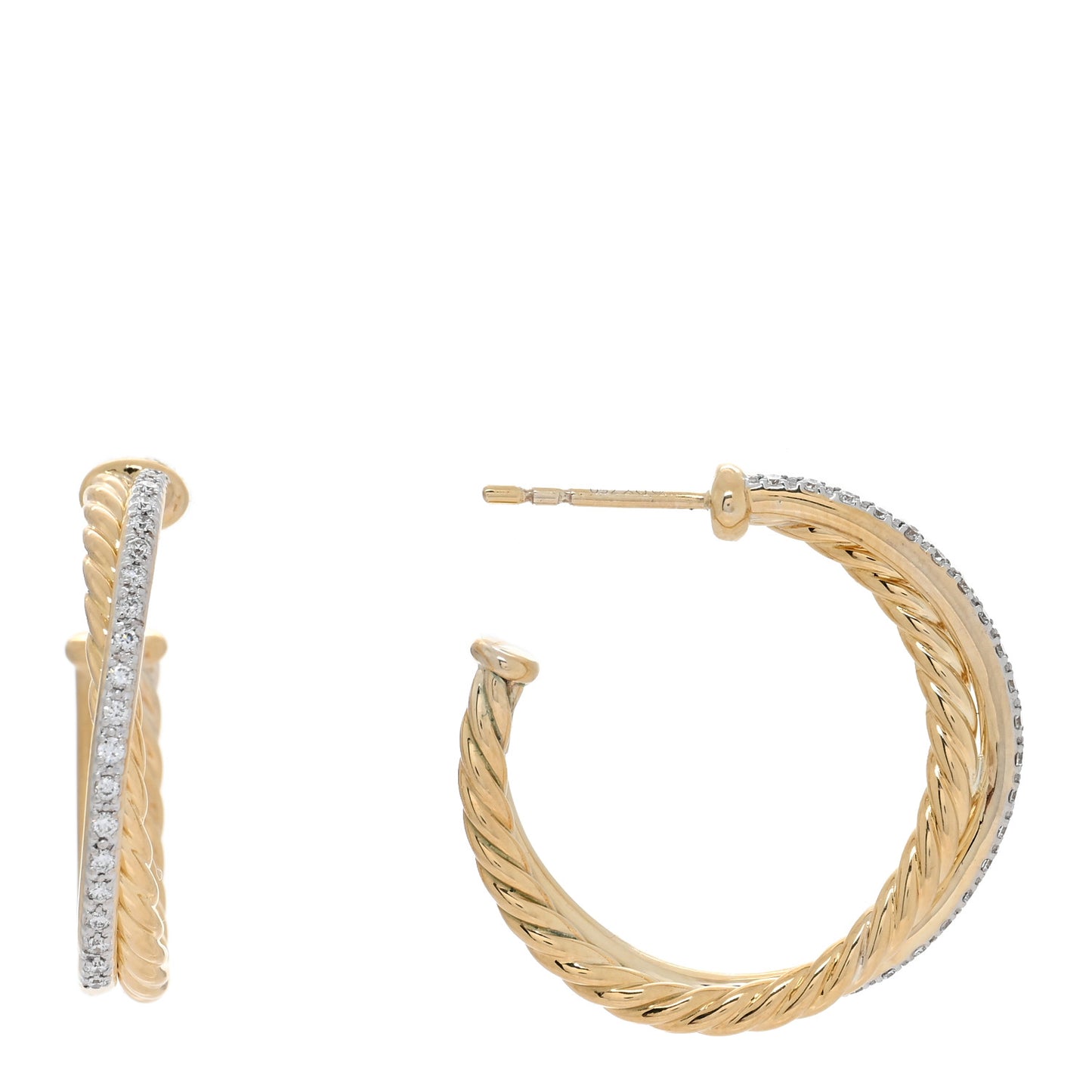 18K Yellow Gold Diamond Crossover Medium Hoop Earrings