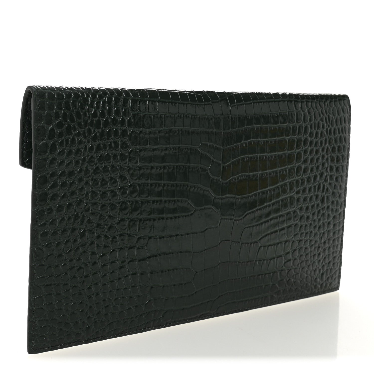 Saint Laurent Calfskin Crocodile Embossed Uptown Monogram Clutch Dark Green 3 of 7