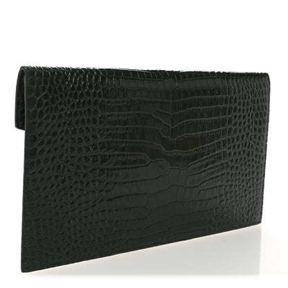 Saint Laurent Calfskin Crocodile Embossed Uptown Monogram Clutch Dark Green 3 of 7