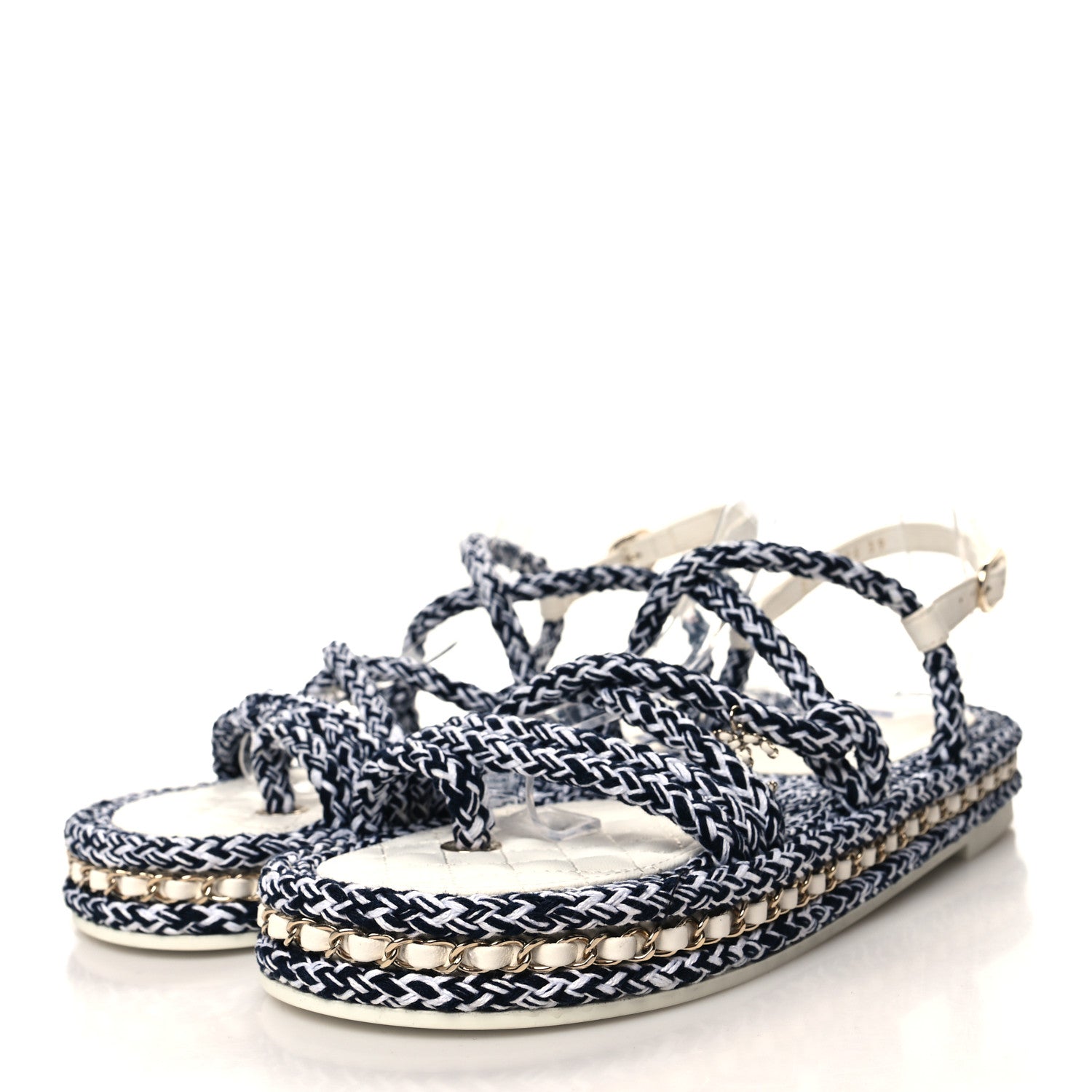 Chanel Cord Lambskin Quilted Logo Sandals 39 Black White 3 of 8