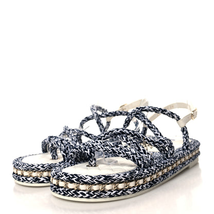 Chanel Cord Lambskin Quilted Logo Sandals 39 Black White 3 of 8