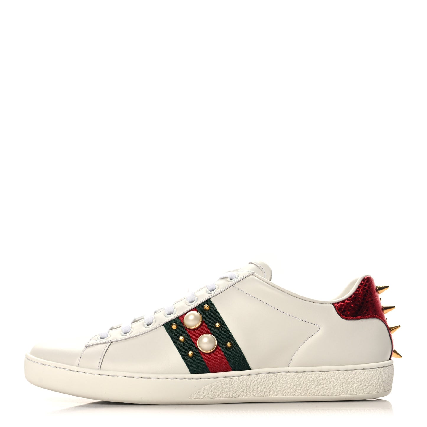 Calfskin Web Pearl Studded Womens Ace Sneakers 39.5 White