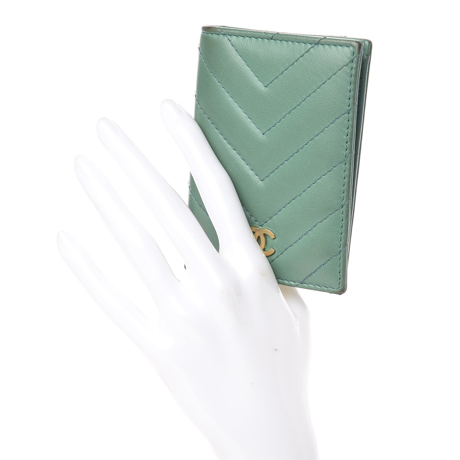 Chanel Lambskin Chevron Quilted Card Holder Wallet Green 2 of 17